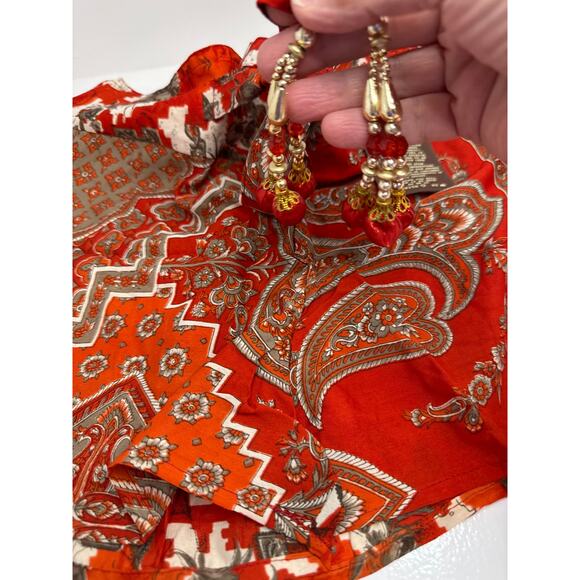 Bohemian Red Paisley Patchwork Shorts with Tassel Bead Accents Festival Style - Picture 4 of 5